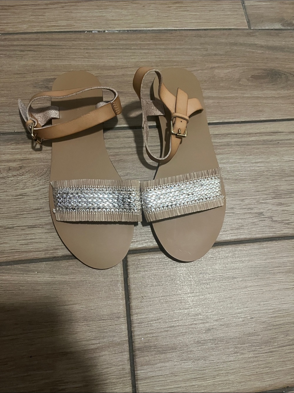 J. Crew Factory Tan Sandals with Silver Braided Front
